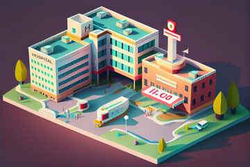 Icon or infographic element representing low poly hospital building with ambulance van. Healthcare station generated by AI