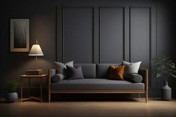 Minimal concept. interior of living grey fabric sofa, wooden table, ceiling lamp and frame on wooden floor and black wall