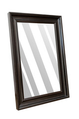 Big modern mirror frame in a wooden frame of black color on a white background. Home decor object,.