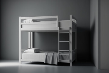 Bunk bed with soft white duvet, bedding and pillows. AI Generated