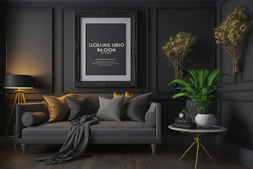 Mock up frame in cozy home interior, dark living room design, 3d render