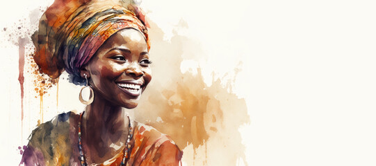 Fototapeta Black woman watercolor painting style banner for africa day created using Generative AI. obraz