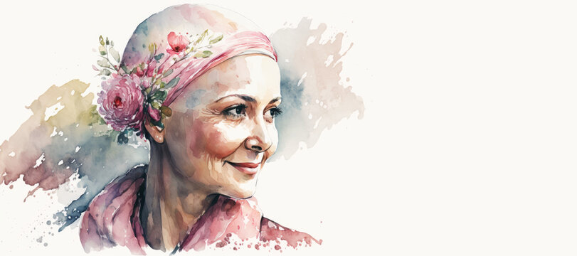 Caucasian woman with a pink headscarf watercolor painting banner created using Generative AI. Cancer concept.