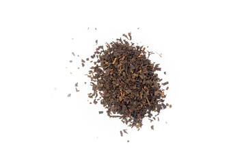 Pile of dried Turkish tea isolated on a white background. Top view, flat lay.