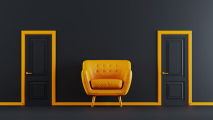 3D render of yellow sofa with closed black door in the background,