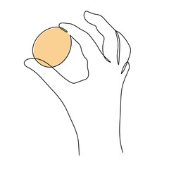 Hand holds easter egg one-line art, hand drawn palm continuous contour. Christian holiday design, festive decoration. Editable stroke. Isolated. Vector illustration