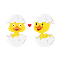 Cartoon Duck couple in love in egg flat