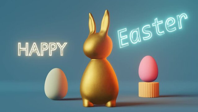 Happy Easter greeting card Shiny golden bunny eggs futuristic blue neon light 3d animation. Contemporary creative minimalist style. Modern party pop-art invitation design Social media content template