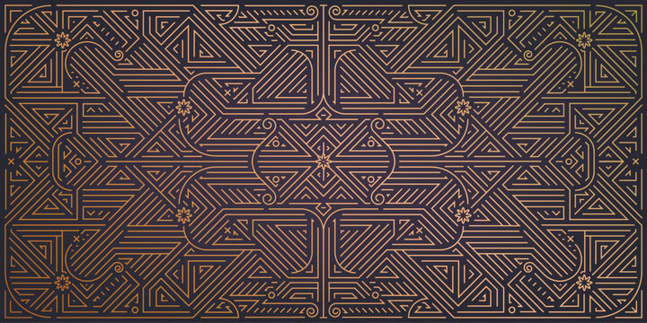 Vector abstract geometric golden background. Art deco wedding, party pattern, geometric ornament, linear style with leaves and flowers. Horizontal orientation luxury, fancy decoration element