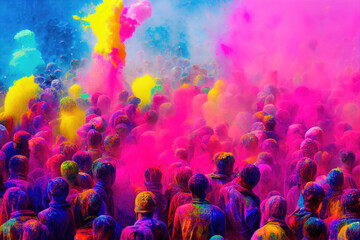 Obraz na płótnie Canvas Holi festival the festival of colors with crowd people and colorful powder in the Indian town. Generative AI