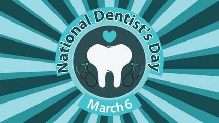 National Dentist's Day vector banner design celebrated in march every year. National Dentist's Day background with tooth icon, stethoscope icon and heart shape with blue sunburst effect.