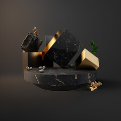abstract background with black cobblestone ruins, broken rocks and golden nuggets. Modern minimal showcase scene with empty cylinder podium for product presentation