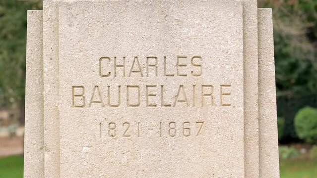 Death and birth dates of Baudelaire engraved on the socle of the statue created by Pierre-Felix Masseau in the Luxembourg Garden of Paris, France
