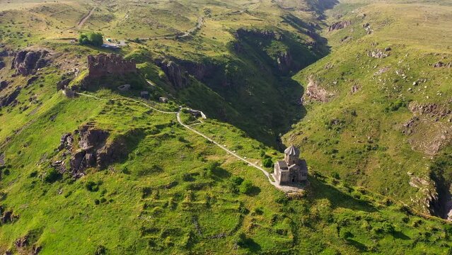 Aerial view of the Vahramashen Chapel and Amberd fortress on the slope of Mount Aragats in Armenia. Sights of Armenia.