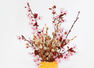 Festive Easter greeting bouquet of pink cherry and willow