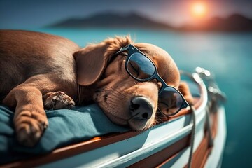 Obraz na płótnie Canvas illustration ,dachshund sleeping with sunglasses lying on the yacht,generative ai