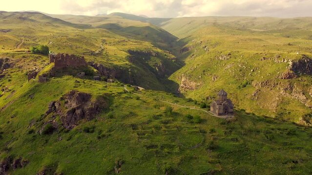 Aerial view of the Vahramashen Chapel and Amberd fortress on the slope of Mount Aragats in Armenia. Travel attractions  in Armenia.