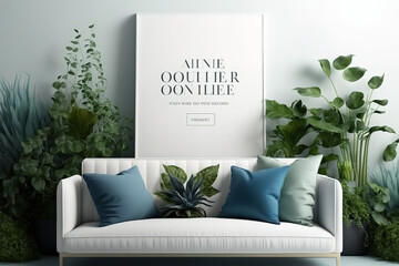 Poster mockup in bright modern room, white sofa with blue cushions and green plants on minimal background, 3d render