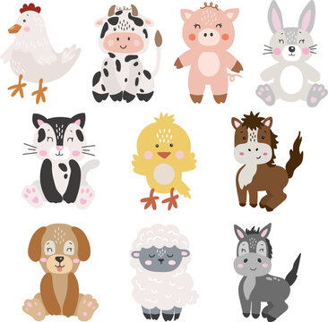 Farm animals isolted vector, Cute Animals collection, Farm Clipart, Portrait animal vector, Baby animal elements set