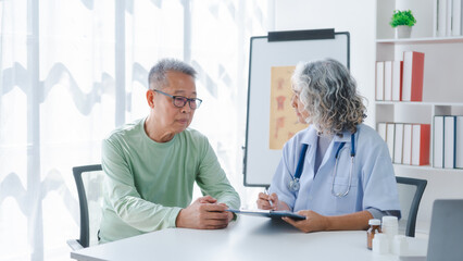 Elderly medical asian people with patient, Physical check-ups and encouragement for treatment of...