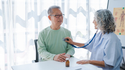Elderly medical asian people with patient, Physical check-ups and encouragement for treatment of...