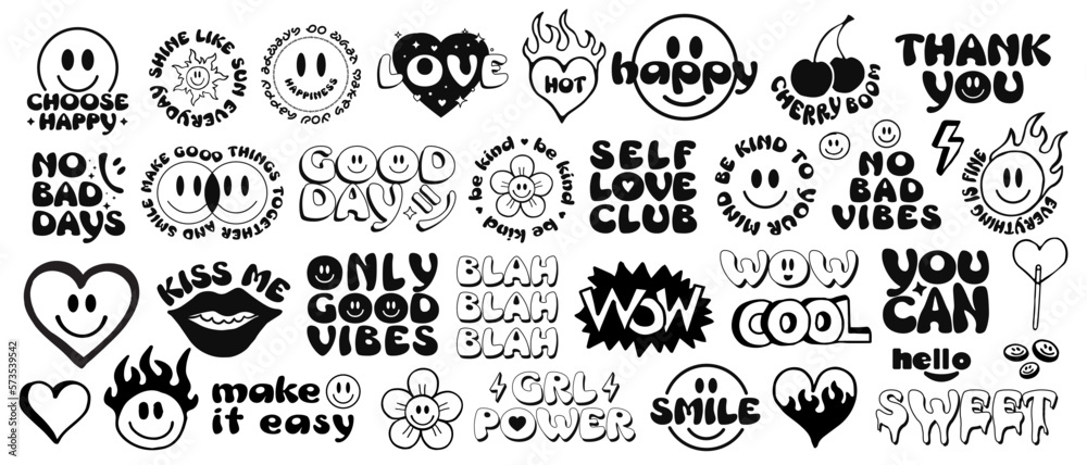 Poster cool trendy smile stickers pack. set of groovy patches vector design.. pop art badges.