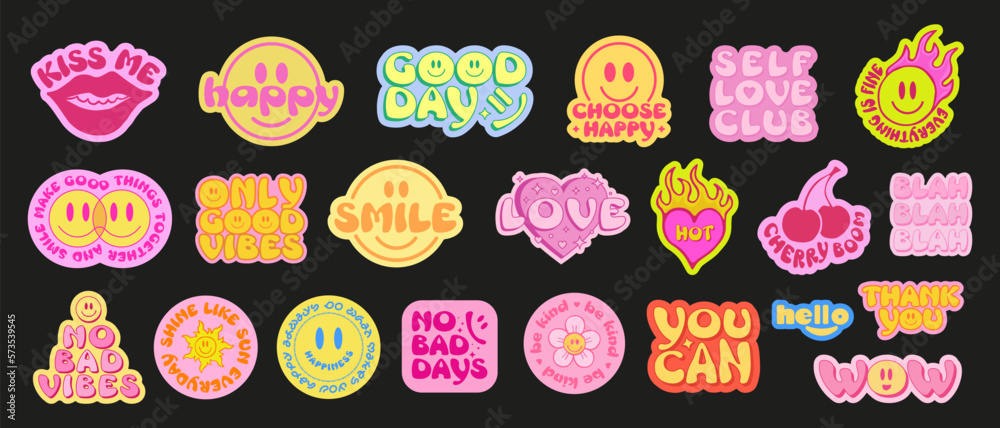 Poster cool trendy smile stickers pack. set of groovy patches vector design.. pop art badges.