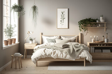Scandinavian style bedroom mockup with natural wood furniture and a beige color scheme
