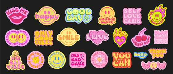 Cool Trendy Smile Stickers Pack. Set Of Groovy Patches Vector Design.. Pop Art Badges. - obrazy, fototapety, plakaty