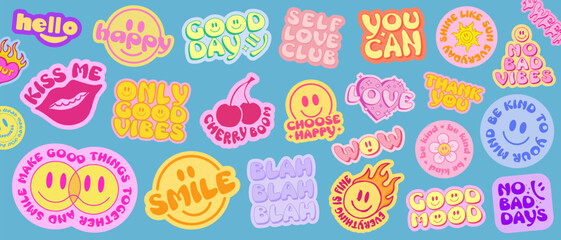 Fototapeta premium Cool Trendy Smile Stickers Pack. Set Of Groovy Patches Vector Design.. Pop Art Badges.