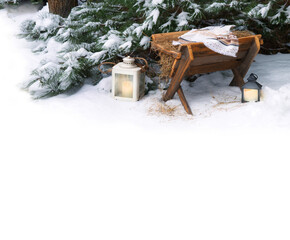 Manger with straw. Christmas background