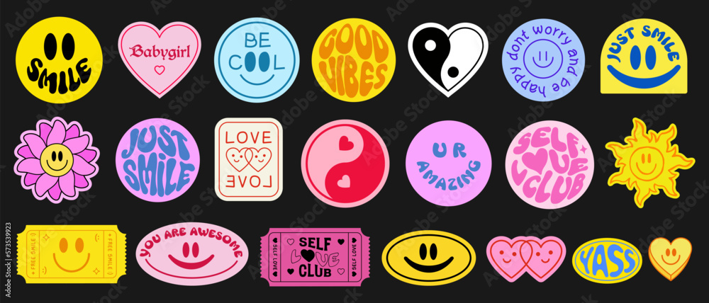 Poster Set Of Cool Smile Pop Art Stickers. Y2K Trendy Patches Vector Design. Groovy Badges.