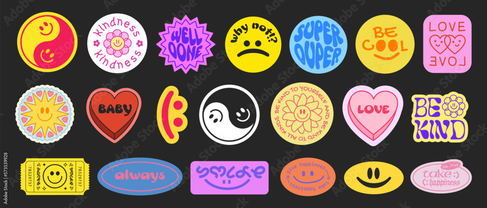 Poster set of cool smile pop art stickers. y2k trendy patches vector design. groovy badges.