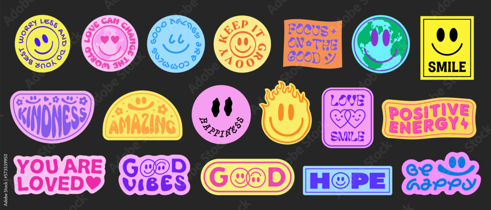 Poster set of cool smile pop art stickers. y2k trendy patches vector design. groovy badges.