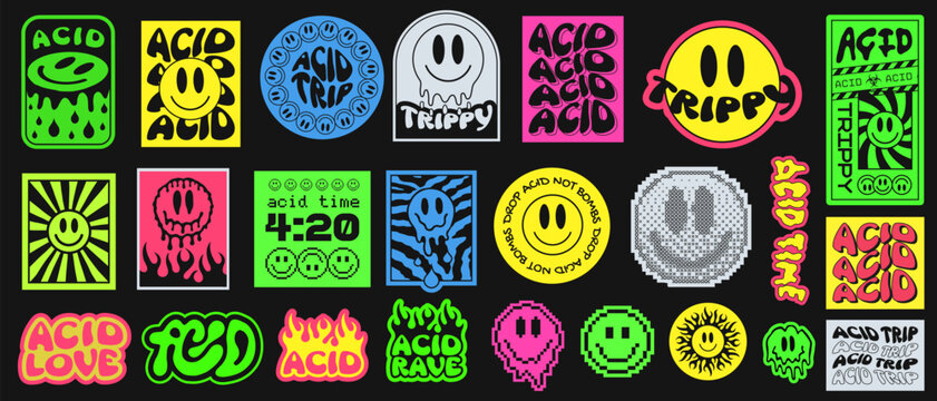 Cool Trendy Acid Stickers Collection. Rave Art Pattern. Trippy Parches Vector Design. Smile Elements.