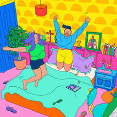 Two girls jumping on a bed in Filipino bedroom listening to music