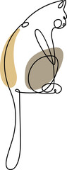 Continuous one line art style with colored shapes. Single line draw of Cat sitting. Cat drawing using single one line drawing.  Hand drawn minimalism style PNG illustration