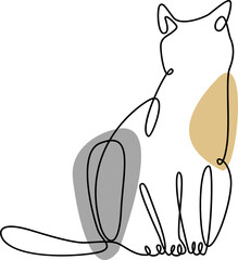 Continuous one line art style with colored shapes. Contour Single line draw of Cat sitting . Cat...