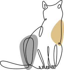 Continuous one line art style with colored shapes. Contour Single line draw of Cat sitting . Cat drawing using single one line drawing.  Hand drawn minimalism style PNG illustration © Volha