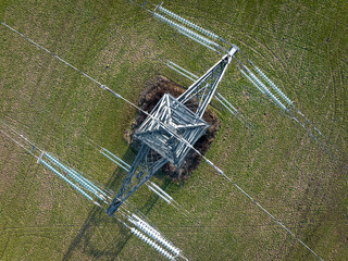 Bird's Eye View of Industrial High Voltage Lattice Power Line Tower