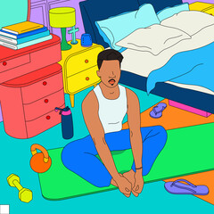 Young man stretching performing yoga in Filipino bedroom
