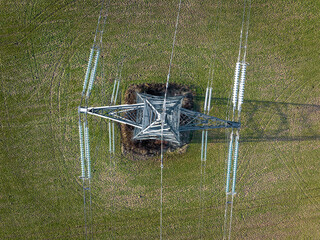 Bird's Eye View of Industrial High Voltage Lattice Power Line Tower