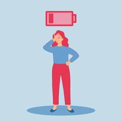 A sad tired woman with chaos in her head. Emotional burnout, neurosis, stress, overwork, fatigue, anxiety, exhaustion. The concept of mental health preservation. Vector illustration