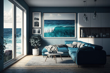 sea view living room with blue wall in beach house , ai generated
