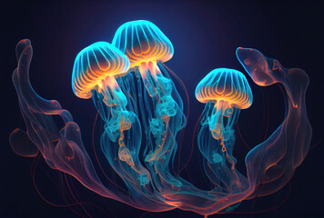 Naklejka premium Medusa Jellyfish with glowing illumination light under the deep sea in the dark background. Marine life and animal concept. Generative AI