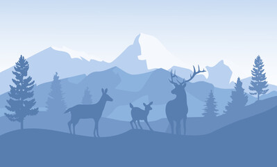 Landscape in silhouette style in blue color. Shades of flowers. Mountain landscape. Animals and plants. Background for screen, page, large format.