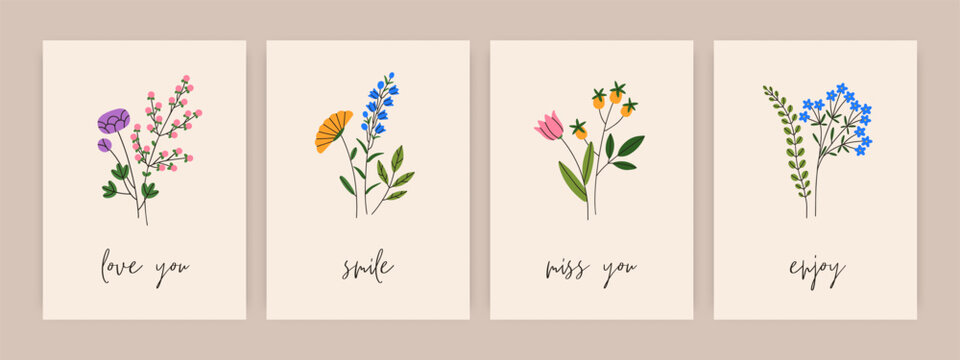 Spring cards with delicate flowers, herbs. Floral nature postcards designs, summer plants and quotes. Vertical botanical backgrounds, blossomed blooms, leaves. Flat vector illustrations set