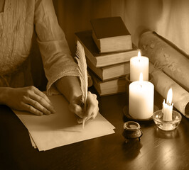 Vintage lady write on wooden table