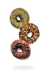 Flying falling levitating floating brown sweet sugar glazed doughnuts,tasty donuts in air on white background.Creative fresh dessert food.Trendy, minimal,healthy unhealthy nutrition,mockup