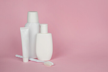 Oral hygiene set: toothbrush, toothpaste, mouthwash and breath freshener. The concept of dentistry and healthcare. Copy space for text